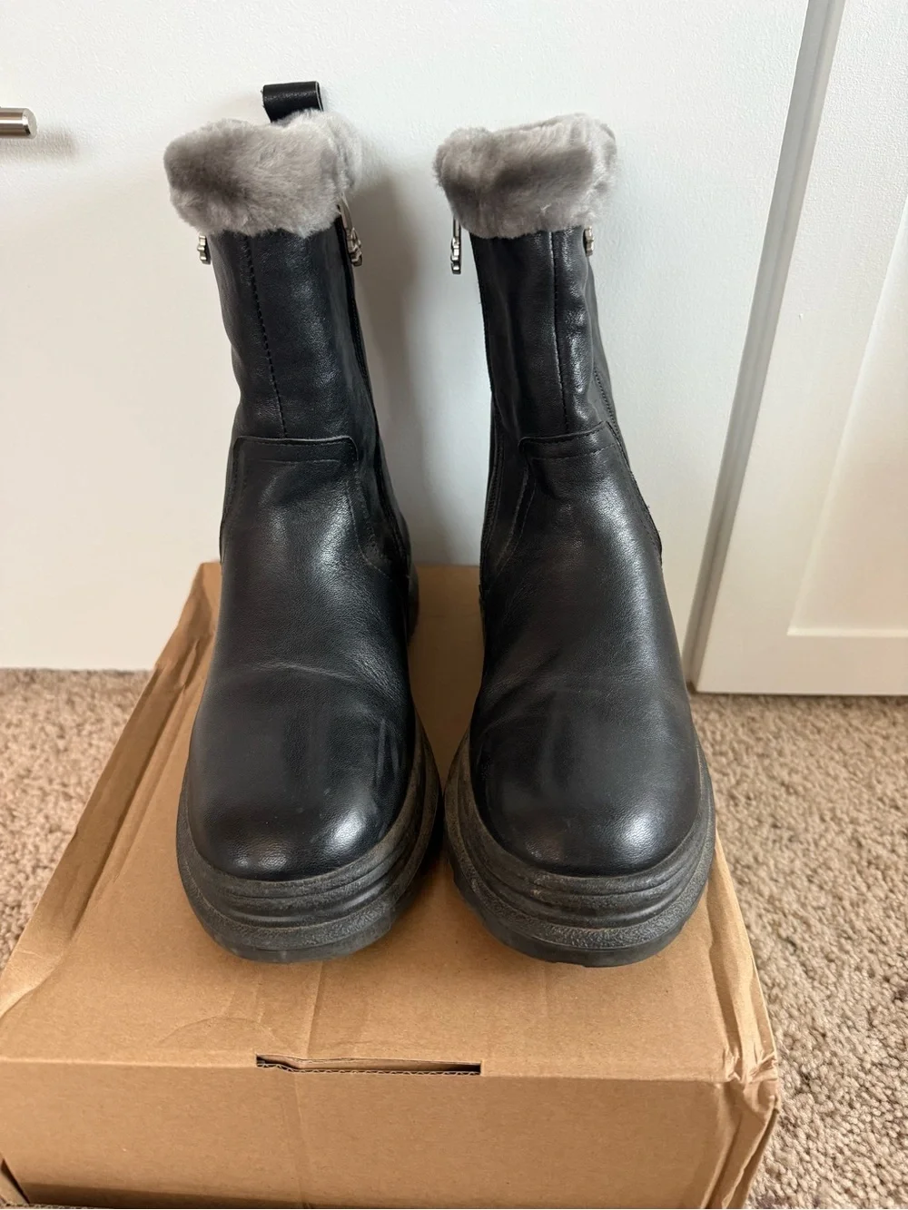 Black Faux-Fur Trim Winter Ankle Boot with Side Zip